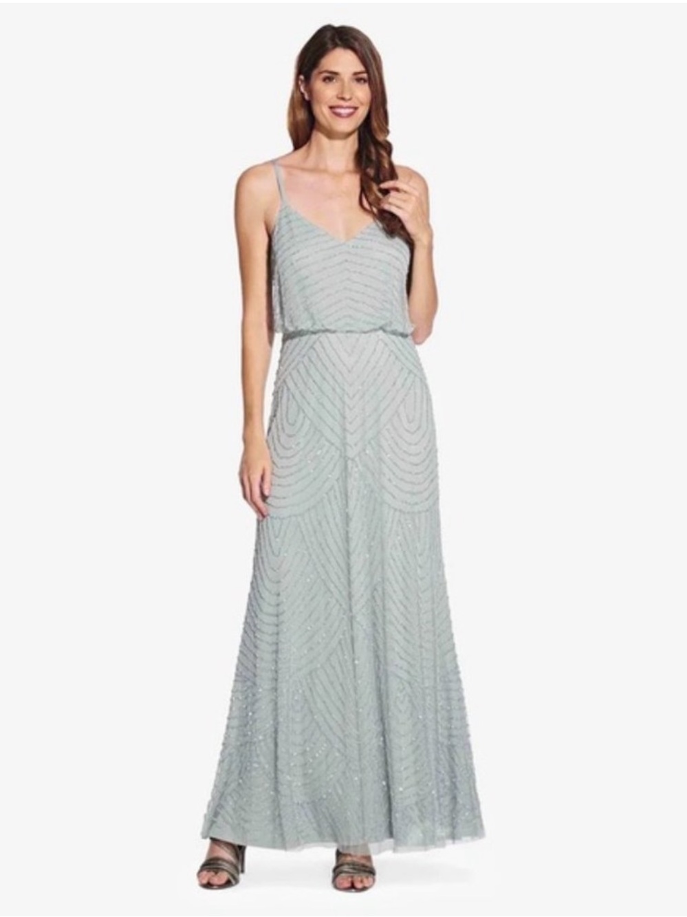 Adrianna Papell Frosted Sage Art Deco Beaded Maxi dress